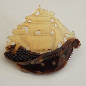 Vintage Carved Ship Brooch